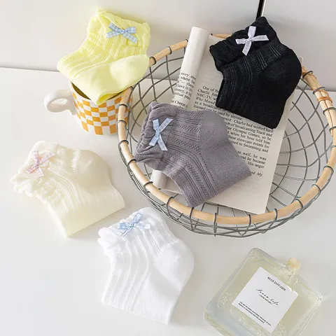 Women Cute Bowknot Lace Short Socks Japanese Sweet Style Breathable Mesh Cotton Casual Ankle Socks Summer