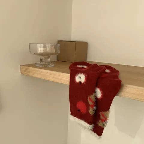 Chaussettes Mi-Mollet d'Hiver de Noël pour Femmes Motif Pomme et Ours Flocké Chaussettes en Coton Décontractées Nouvel An