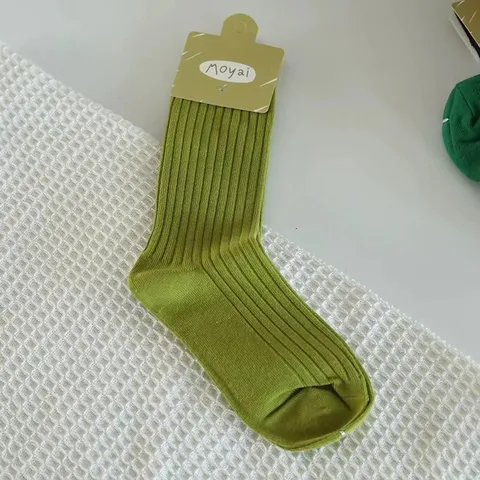 Chaussettes Mid-Calf à Double Aiguille pour Femmes Couleur Unie Côtelé Décontracté Coton Respirant Printemps Été Mode