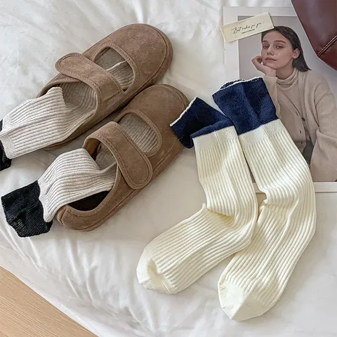Chaussettes Slouch en Coton d'Hiver pour Femmes Couleur Contrastée Pliables Côtes Mi-Mollet Décontractées