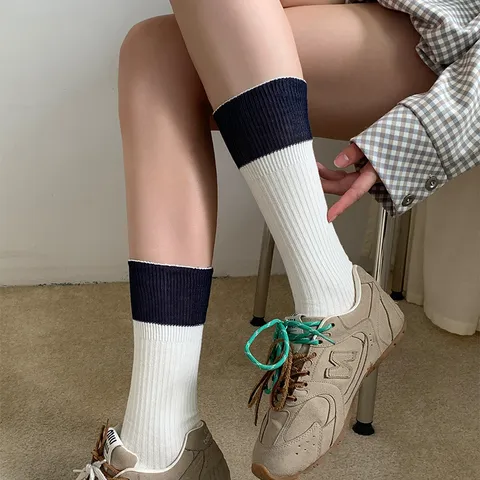 Chaussettes Slouch en Coton d'Hiver pour Femmes Couleur Contrastée Pliables Côtes Mi-Mollet Décontractées