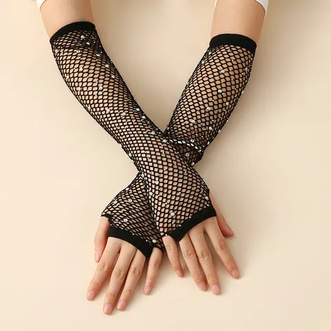 Gants Longs en Filet Strass Maille pour Femmes Costume de Scène de Fête Sexy Accessoires de Mode