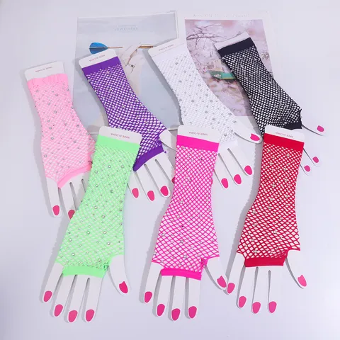 Gants Longs en Filet Strass Maille pour Femmes Costume de Scène de Fête Sexy Accessoires de Mode