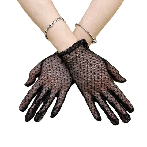 Gants en Dentelle de Protection Solaire d'Été pour Femmes Gants Courts en Maille Transparente à Pois Gants de Mode Respirants pour Conduite et Fête