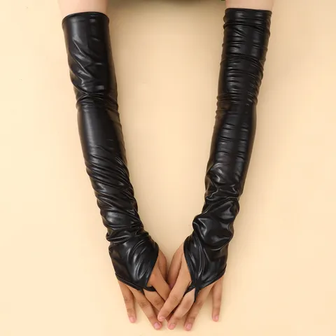 Gants Longs Sans Doigts en Cuir Verni Mode Femme Gants de Scène de Fête Sexy