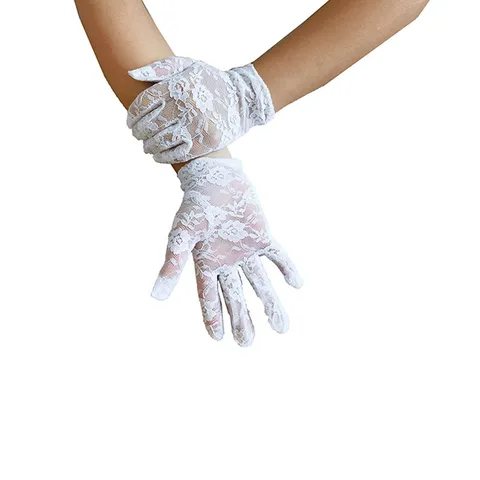 Eleganti Guanti Corti in Pizzo per Donna e Bambina Motivi Florali Traforati Volant al Polso per Festa del Tè Matrimonio