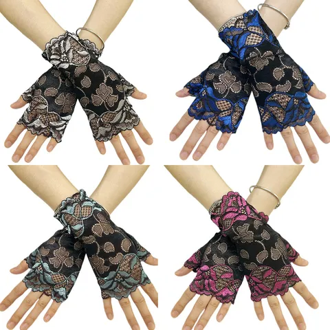 Gants Demi Doigts de Protection Solaire en Dentelle Respirante d'Été pour Femmes Broderie Florale Fine Protection UV Cyclisme Conduite