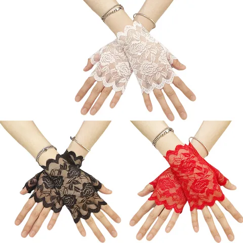 Gants Sans Doigts en Dentelle pour Femmes Courts Gants en Dentelle Florale Conduite Protection Solaire Mariage Fête Performance