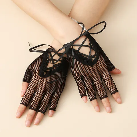 Femmes Nylon Sexy Résille Demi-Doigts Gants Noir Élastique Lacets Gothique Punk Fête Clubwear Costume Accessoires