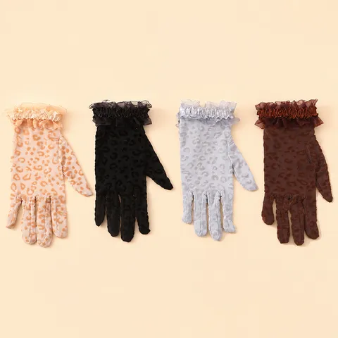 Gants de Protection Solaire en Dentelle à Imprimé Léopard Minces d'Été pour Femmes Gants de Conduite Élégants et Sexy Gants de Fête de Mariage à Volants