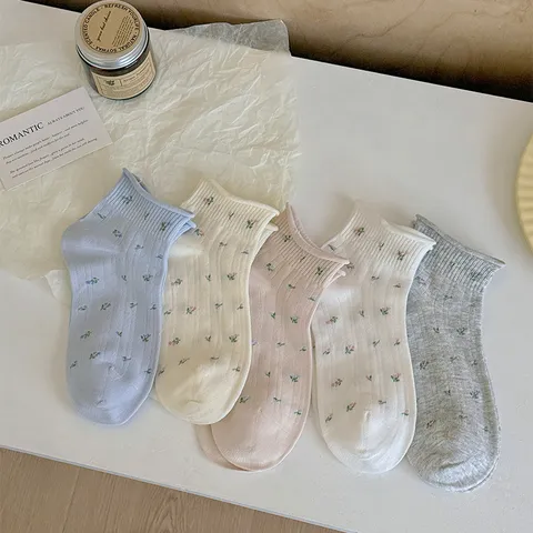 Women Floral Mid Tube Socks Cute Rolled Edge Breathable Thin Mesh Cotton Socks Spring Summer Daily Casual Fashion Socks
