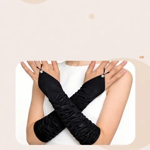 Women Elegant Satin Long Gloves Pleated Rhinestone Wedding Bridal Prom Party Opera Evening Dress Accessory