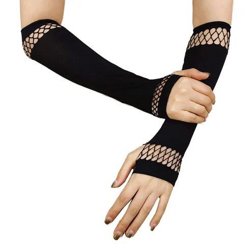Gants Sans Doigts Punk pour Femmes Résille Creux Longs Chauffe-Bras Accessoires de Costume de Fête d'Halloween
