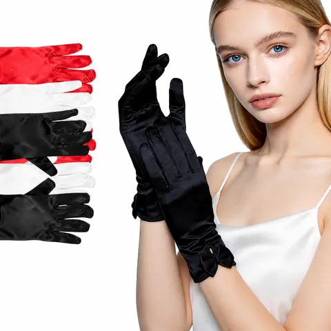 Gants Élégants en Satin avec Nœud pour Femmes Courts Longueur Poignet Soirée Fête Mariage Accessoires de Robe Formelle