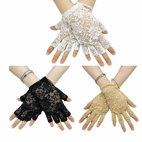 Gants Courts en Dentelle Florale pour Femmes Sans Doigts Protection Solaire Gants Élégants de Mariage Opéra Fête Accessoires