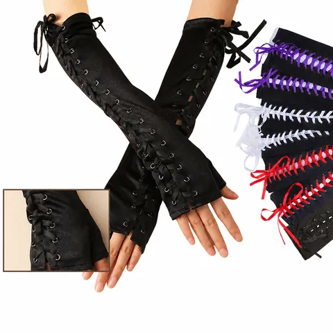 Femmes Longs Gants Sans Doigts en Satin Gants d'Opéra à Lacets Accessoires de Costume de Cosplay de Fête Gothique