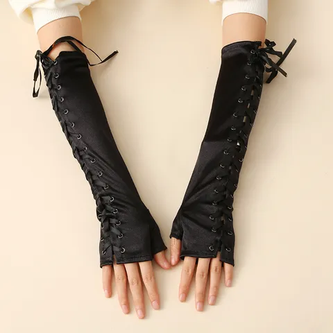 Femmes Longs Gants Sans Doigts en Satin Gants d'Opéra à Lacets Accessoires de Costume de Cosplay de Fête Gothique