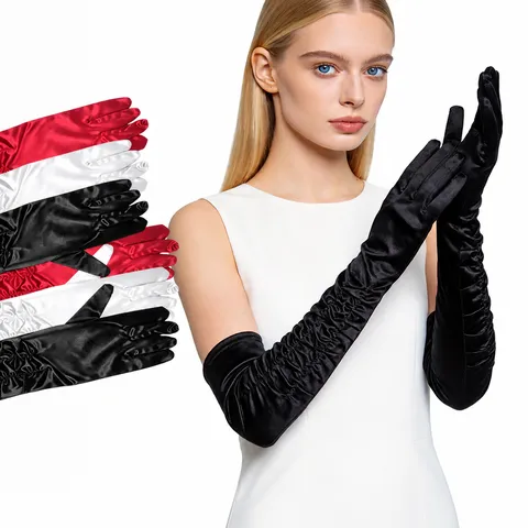 Gants Longs en Satin pour Femmes Plissés Élégants Opéra Soirée Mariage Gants d'Étiquette Accessoires de Mode