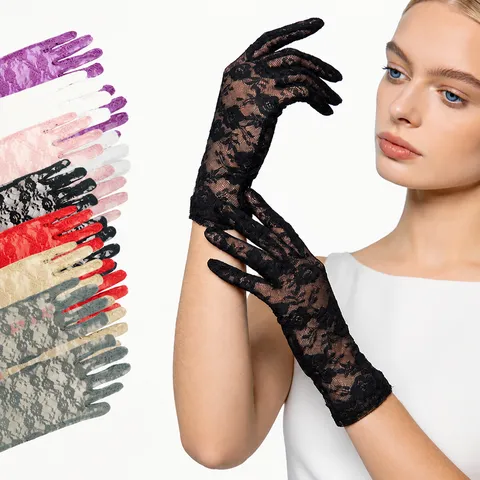 Femmes Gants de Protection Solaire en Dentelle Courte Floraux Ajourés Respirants Conduite Mariage Gants de Mariée Accessoires de Mode