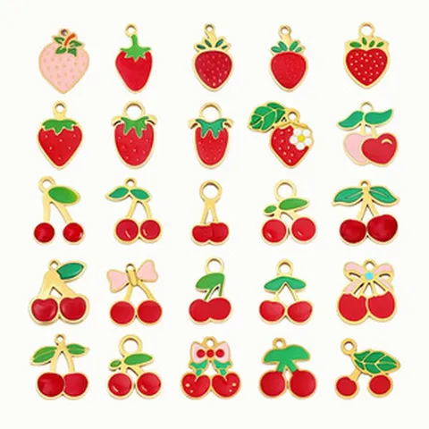 Strawberry Cherry Fruit Stainless Steel Pendants Drip Oil Enamel Charms For Handmade DIY Jewelry Making Earrings Hairpins Accessories
