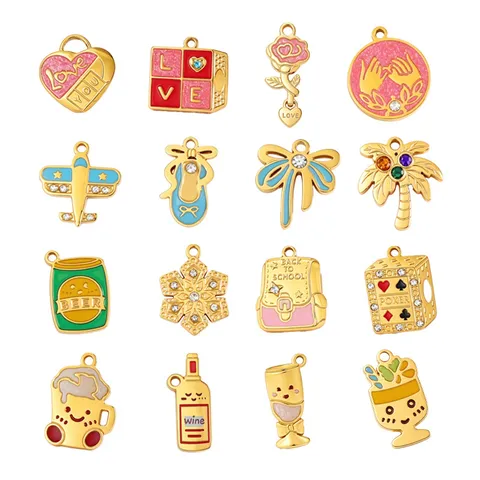 Cartoon Cute Enamel Charms For DIY Jewelry Making Titanium Steel Rhinestone Pendant Heart Bow Shoes Accessories For Bracelets