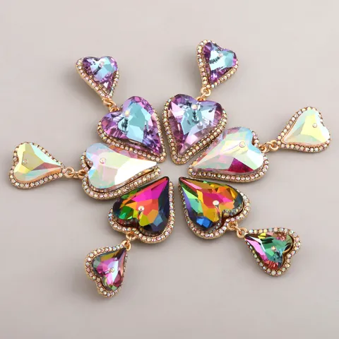 Fashion Alloy Rhinestone Heart Drop Earrings For Women Exaggerated Elegant Multicolor Crystal Heart Dangle Earrings Jewelry Gift