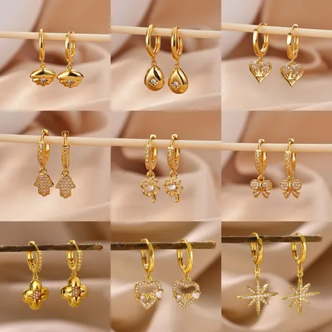 18K Gold Plated Rhinestone Drop Earrings For Women European Style Heart Flower Octagonal Star Hamsa Hand Pendant Earrings Jewelry