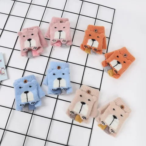 Kids Winter Cute Bear Cartoon Flip-Top Half-Finger Knitted Gloves Warm Thickened Typing Mittens For Toddlers Boys Girls