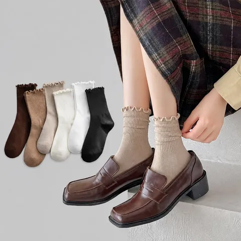 Women Casual Cotton Slouch Socks Japanese JK Style Ruffle Trim Crew Socks