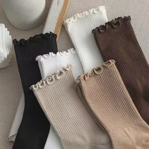 Women Casual Cotton Slouch Socks Japanese JK Style Ruffle Trim Crew Socks
