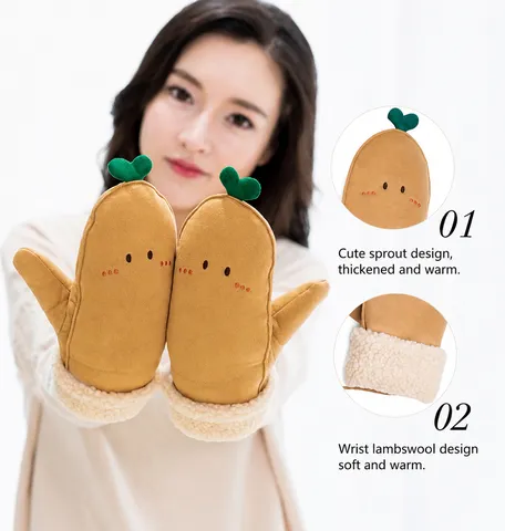 Γυναικείο Хειμερινό Cаrtoon Cute Suede Plush Thickened Warm Gloves Student Riding Cold-Proof Hanging Neck Mittens