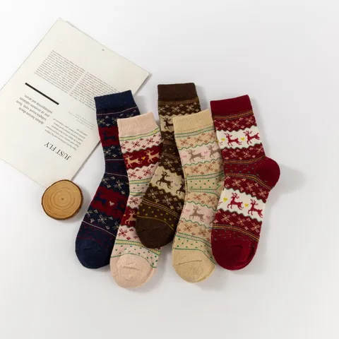 Women's Christmas Elk Snowflake Thermal Thickened Fleece Loop Socks Winter Retro Metallic Thread Mid-Tube Cotton Socks