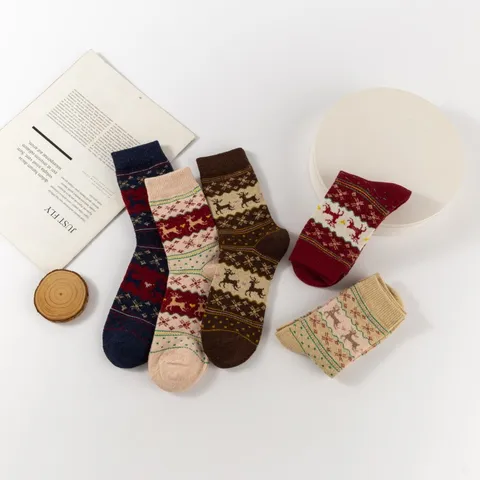 Women's Christmas Elk Snowflake Thermal Thickened Fleece Loop Socks Winter Retro Metallic Thread Mid-Tube Cotton Socks