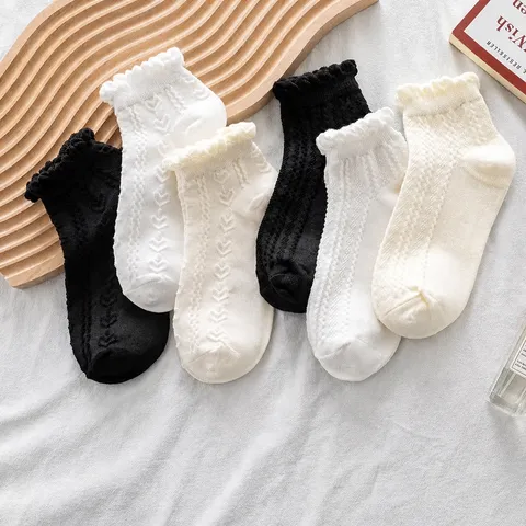 Women's Japanese Sweet Lolita Ruffle Lace Short Socks Cute Heart Striped Cotton Casual Ankle Hosiery