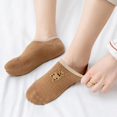 Women's Summer Low Cut No Show Socks Cute Bear Embroidery Breathable Sweat Absorbent Casual Invisible Socks