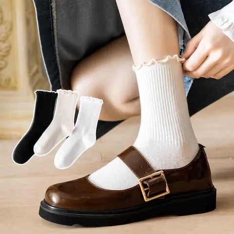 Women's Sweet Ruffle Solid Color Slouch Socks Japanese JK College Style Mid-Tube Polyester Fashion Socks