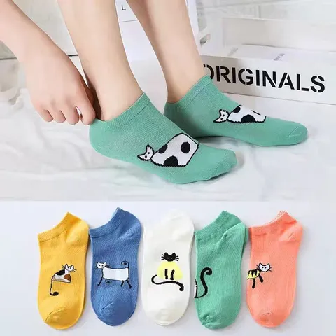 Women's Cute Cartoon Cat Print Boat Socks Summer Thin Low Cut Breathable Casual Short Socks