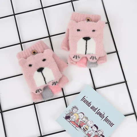 Kids Winter Cute Bear Cartoon Flip-Top Half-Finger Knitted Gloves Warm Thickened Typing Mittens For Toddlers Boys Girls