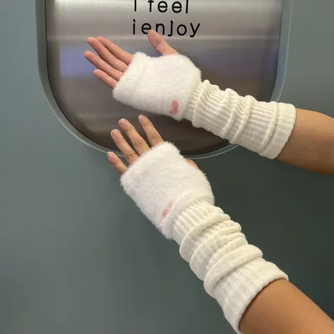Women Winter Knitted Acrylic Arm Sleeves Long Fingerless Gloves Sweet Heart Decor Warm Thermal Accessories