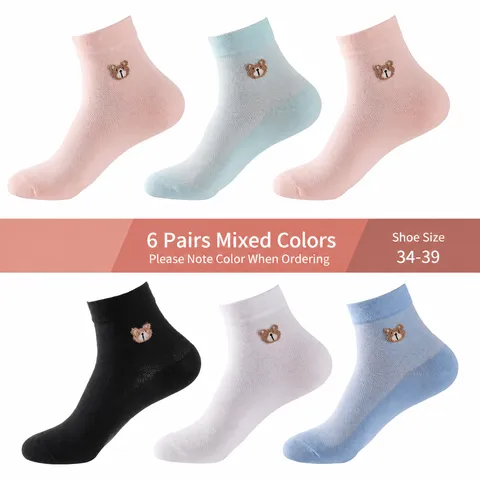 Women Casual Mesh Breathable Cotton Short Crew Socks Cute Bear Embroidery Summer Everyday Wear Sweat-Absorbent Socks