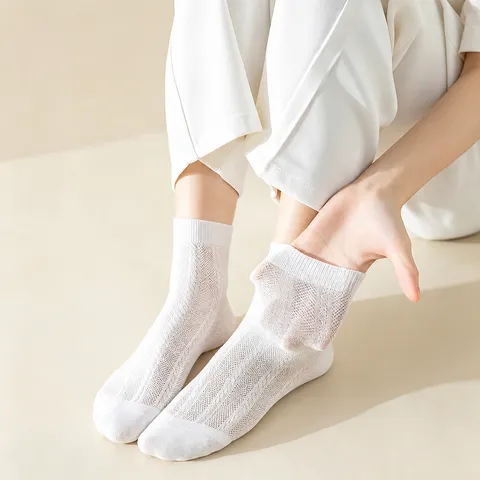 Women Mid Tube Socks Spring Summer Thin Breathable Mesh Cotton Socks Solid Color Casual Versatile Student Hosiery