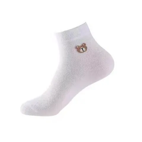Women Casual Mesh Breathable Cotton Short Crew Socks Cute Bear Embroidery Summer Everyday Wear Sweat-Absorbent Socks