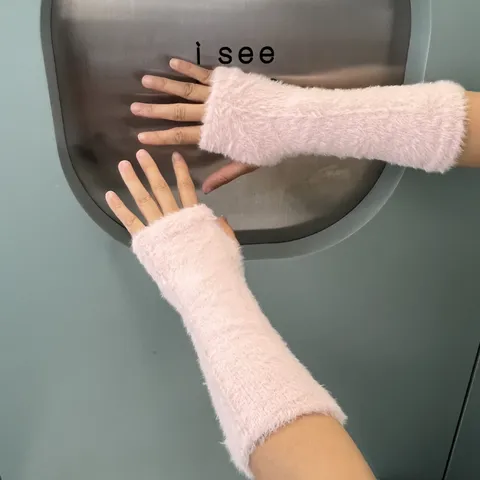 Winter Warm Faux Mink Fleece Arm Sleeves Knitted Long Fingerless Gloves Thickened Soft Cold Weather Thermal Arm Warmers For Women