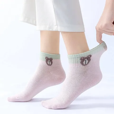 Chaussettes Courtes Mignonnes Ours Cartoon Femme Été Respirant Maille Coton Chaussettes Style Doux Casual Chaussettes Cheville