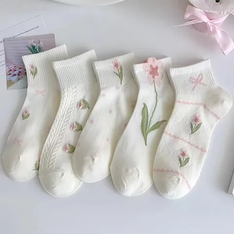 Sweet Lolita Women Short Socks Floral Embroidered Bowknot Polka Dot Polycotton Ankle Socks For Spring Summer Daily Wear