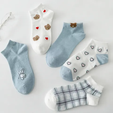 Women's Cute Cartoon Bear Print Short Socks Casual Breathable Cotton Low Cut Boat Socks