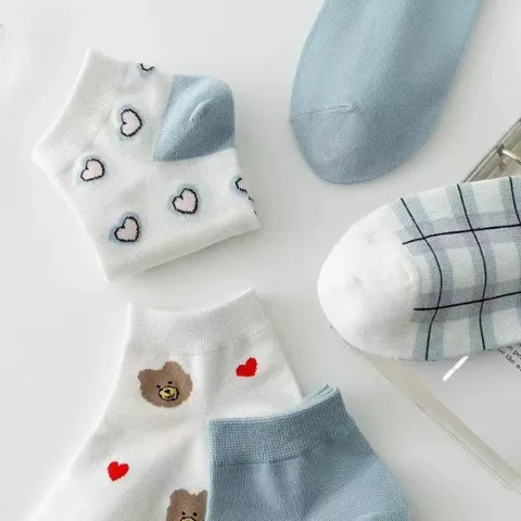 Women's Cute Cartoon Bear Print Short Socks Casual Breathable Cotton Low Cut Boat Socks