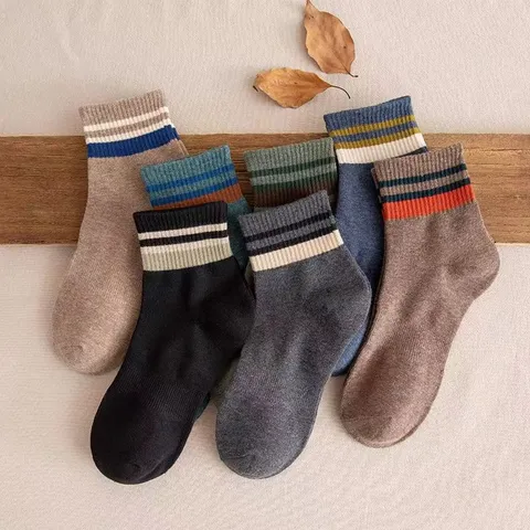 Men's Casual Crew Socks Japanese Style Striped Breathable Cotton Blend Sport Socks Spring Summer Fashion Hosiery