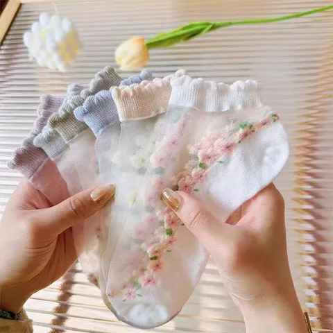 Women Summer Thin Crystal Glass Silk Socks Floral Transparent Short Socks Breathable Ins Socks