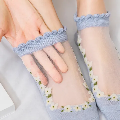 Women Summer Thin Crystal Glass Silk Socks Floral Transparent Short Socks Breathable Ins Socks